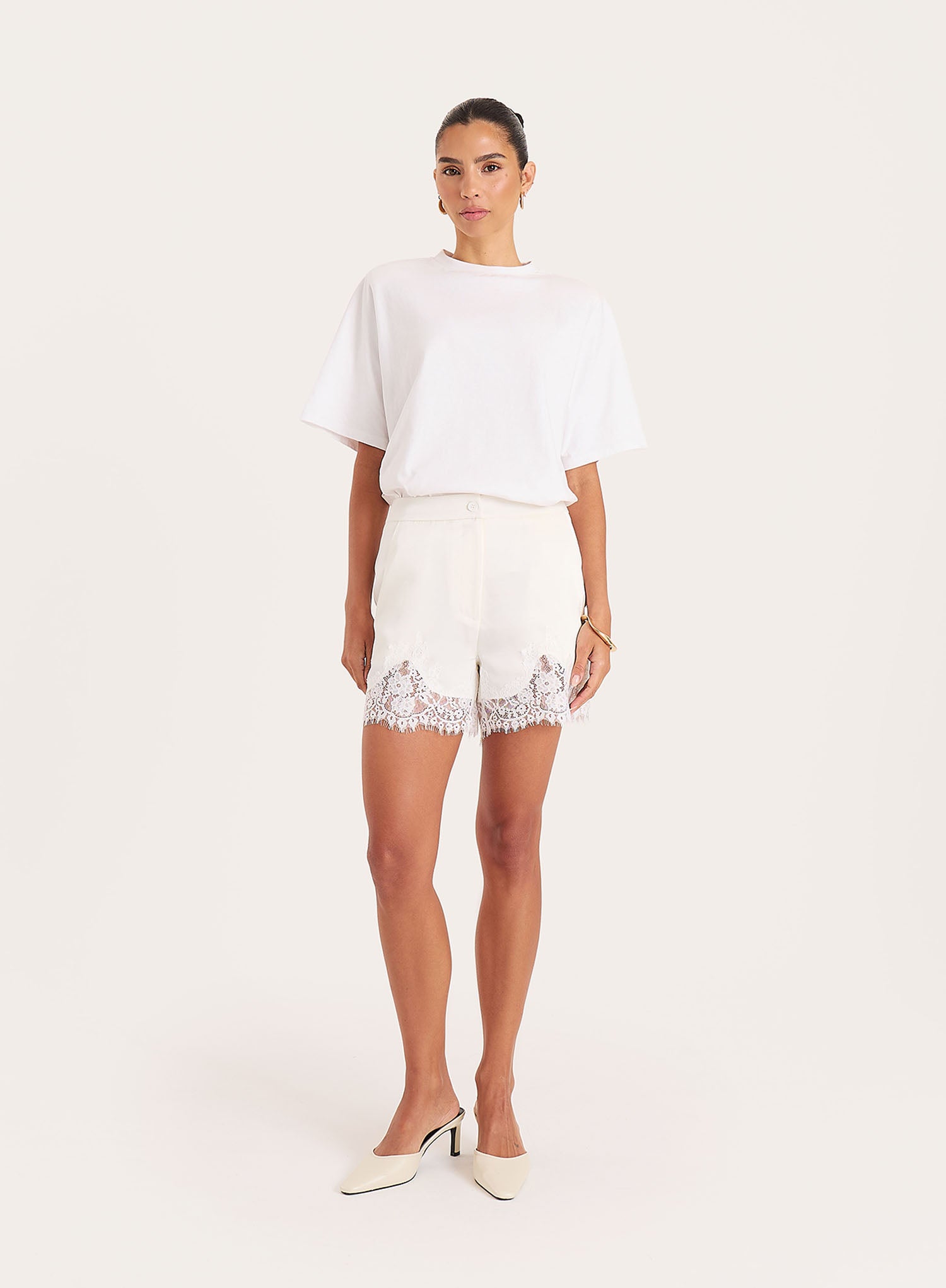 Cream Satin Lace Trim Shorts
